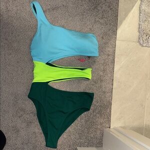 Colorblock One-Shoulder One-Piece Swimsuit in Aqua, Lime & Forest
